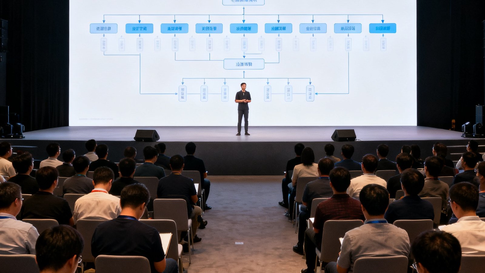 AGGAME第三代天眼AI引擎发布会现场照片，舞台大屏幕展示算法架构图，台下坐满参会嘉宾